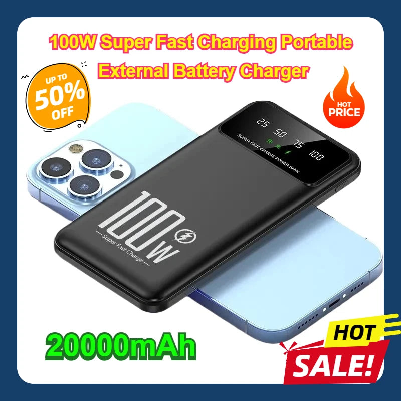 100W Superschnelles Laden Tragbares externes Akkuladegerät für iPhone 15 14 13 Samsung Huawei Xiaomi Powerbank 20000mAh