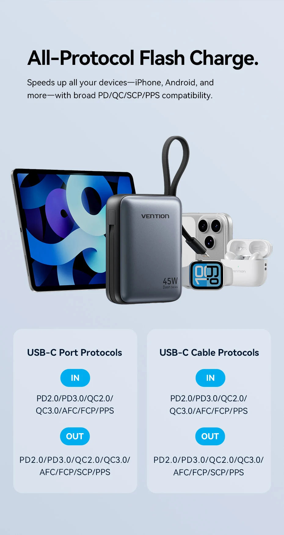 Vention 45W 10000mAh Powerbank mit integriertem USB-C- und Lightning-Kabel, tragbare Powerbank für iPhone 17 16 Samsung S26 S25 Xiaomi Poco