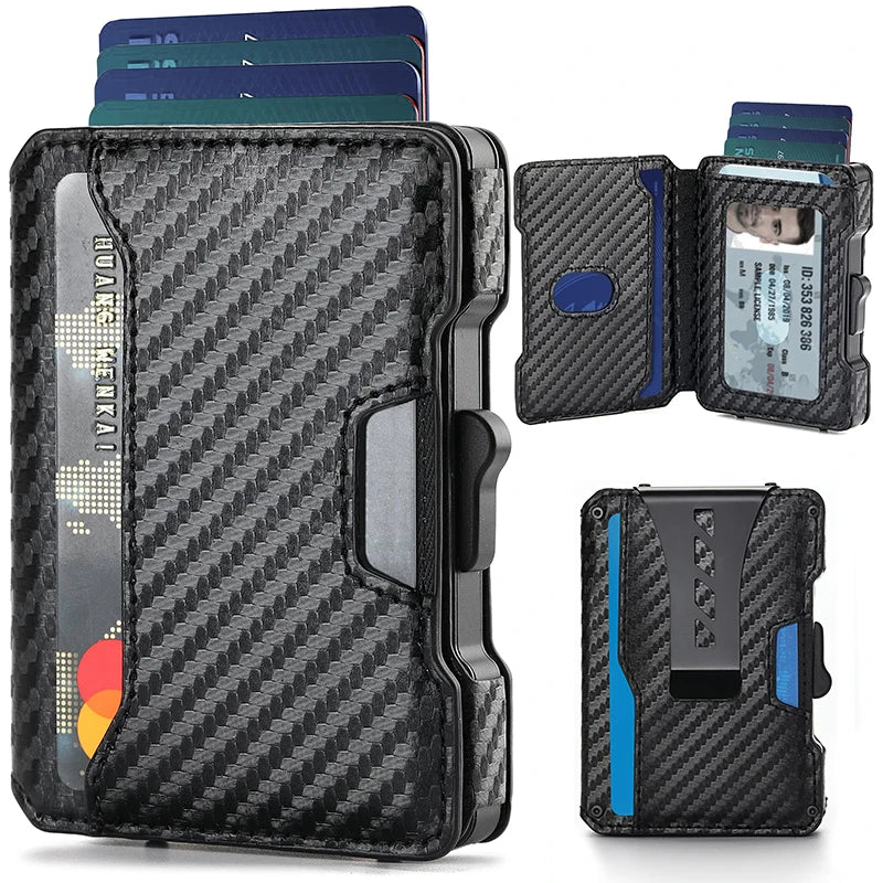 Aluminium Pop-Up-Kartenetui und Lederfächer Kreditkartenhalter RFID-blockierende Brieftasche für Herren mit Geschenkbox