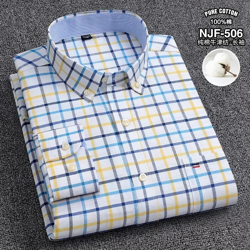 100-220 catties Plus Size Men's Shirt 100% Cotton Long Sleeve Business Casual All Oxford Spinning Plus Size Plaid Shirt