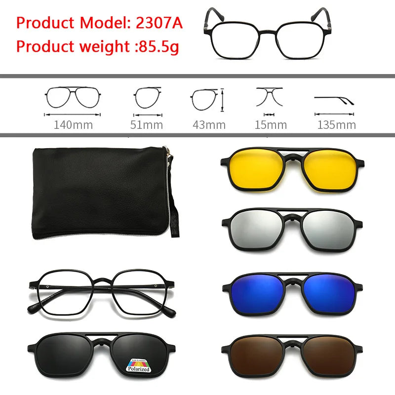 6 In 1 Polarized Sunglasses Men Women Magnetic Clip On Glasses TR90 Optical Prescription Eyeglass Frames Magnet Clips