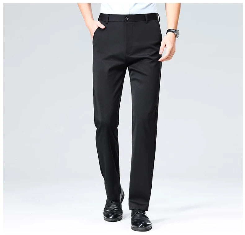 Pantalon Homme Printemps Été Coupe Droite Fin Costume de Ville Habillé Travail Décontracté Business Noir Rouge Vin Pantalon Long
