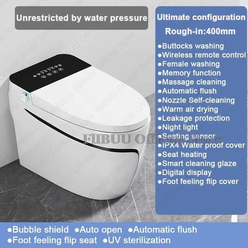 Einteilige, längliche Smart-Toilette mit Bidet, eingebautem Wassertank, wasserdruckunabhängig, Display, AutoOpen, AutoFlush, beheizbarer Sitz