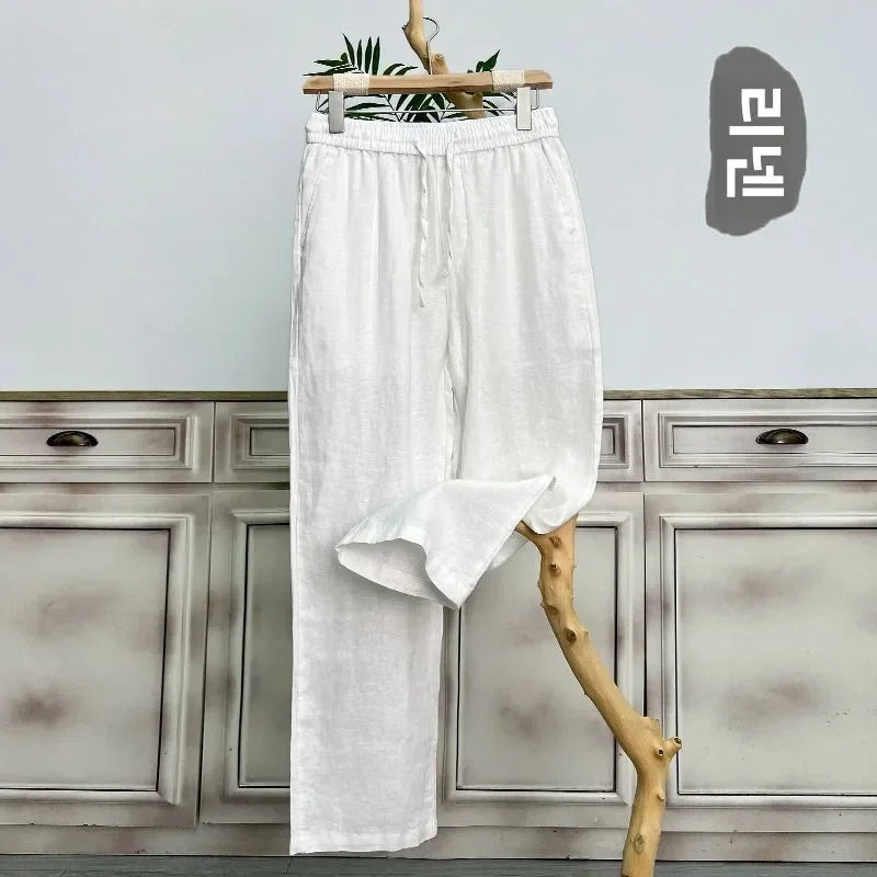 Hochwertige reine Leinenhose für Herren Sommer Baumwoll-Leinen Loose Straight Leg Freizeit lange Hose Frühling Herbst Bequem Atmungsaktiv