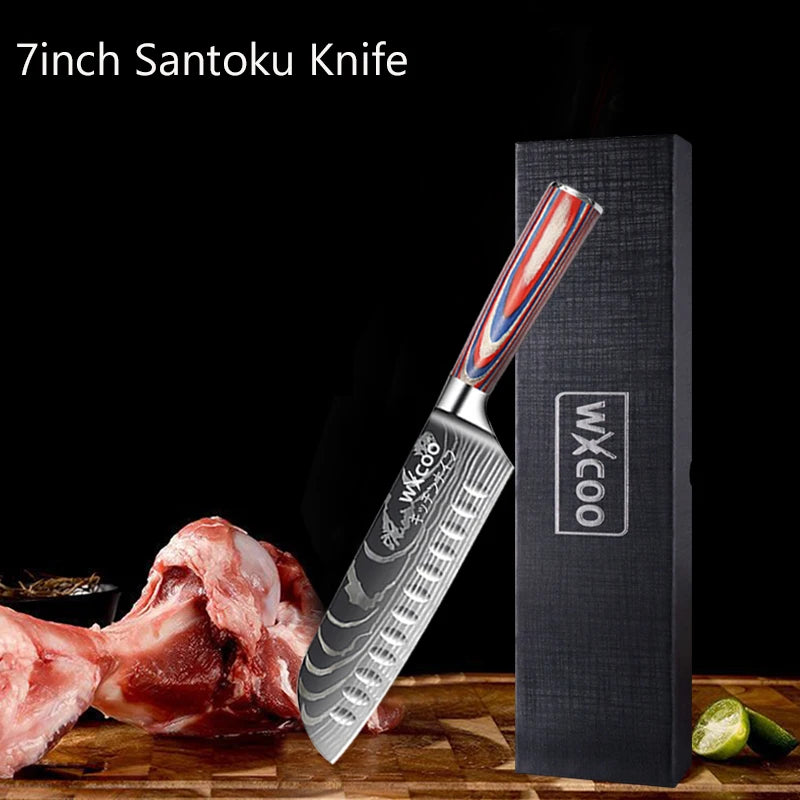 Professional Kitchen Chef's Knife Damascus Japanese Santoku Slicing Knife Meat Cleaver Stainless Steel Butcher Knife with Box