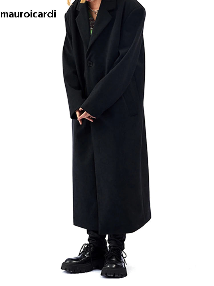 Mauroicardi Herbst Winter Langer Oversized Schwarzer Woll-Trenchcoat Herren Schulterpolster Einreihiger Luxus-Cocoon-Mantel 2022