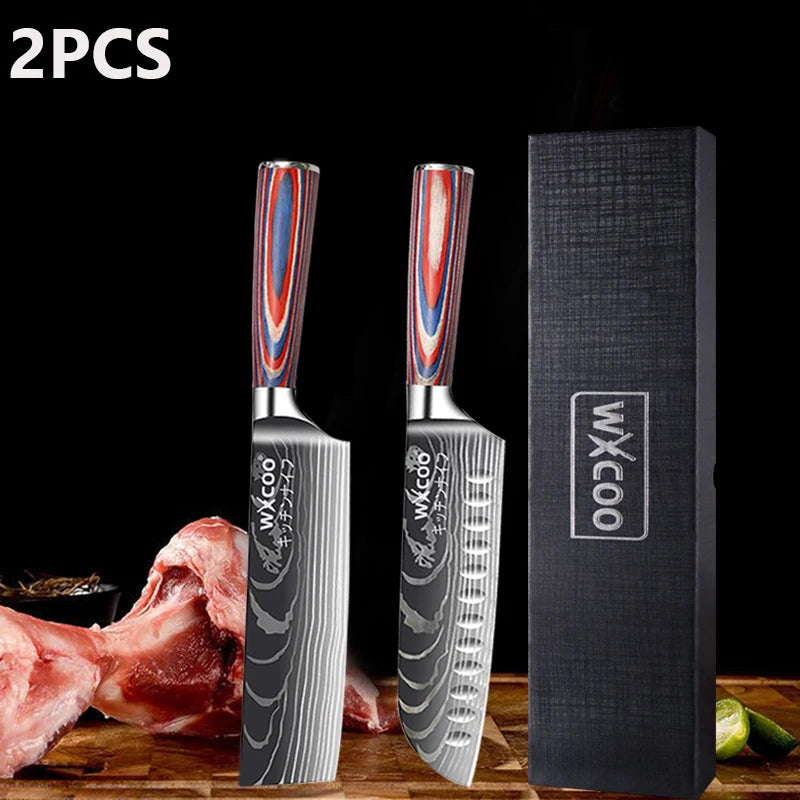 Professional Kitchen Chef's Knife Damascus Japanese Santoku Slicing Knife Meat Cleaver Stainless Steel Butcher Knife with Box