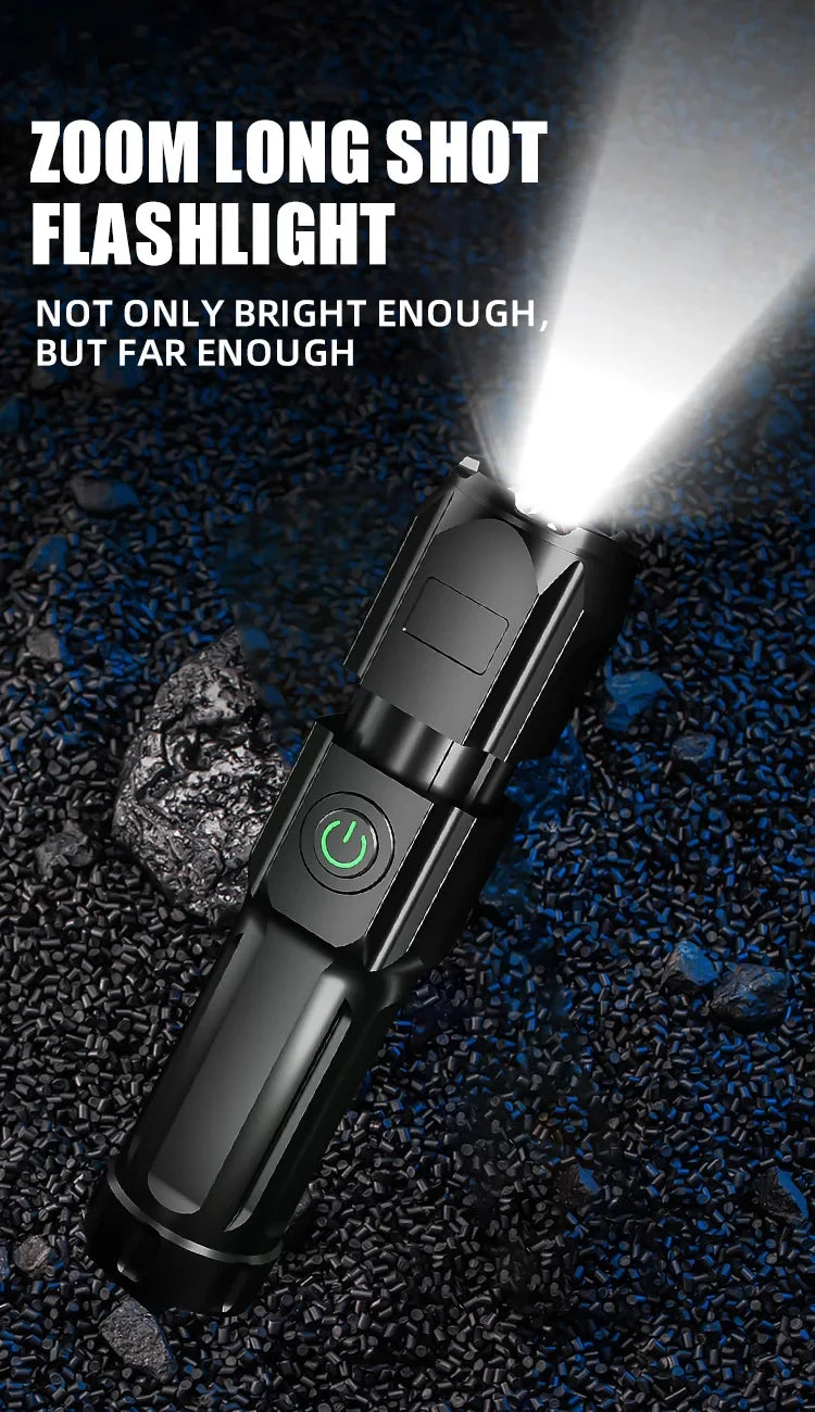 LED Camping Torch Flashlight High Power Rechargeable USB Spotlight Zoom Lantern Built-in Battery For Fishing Outdoor Waterproof
