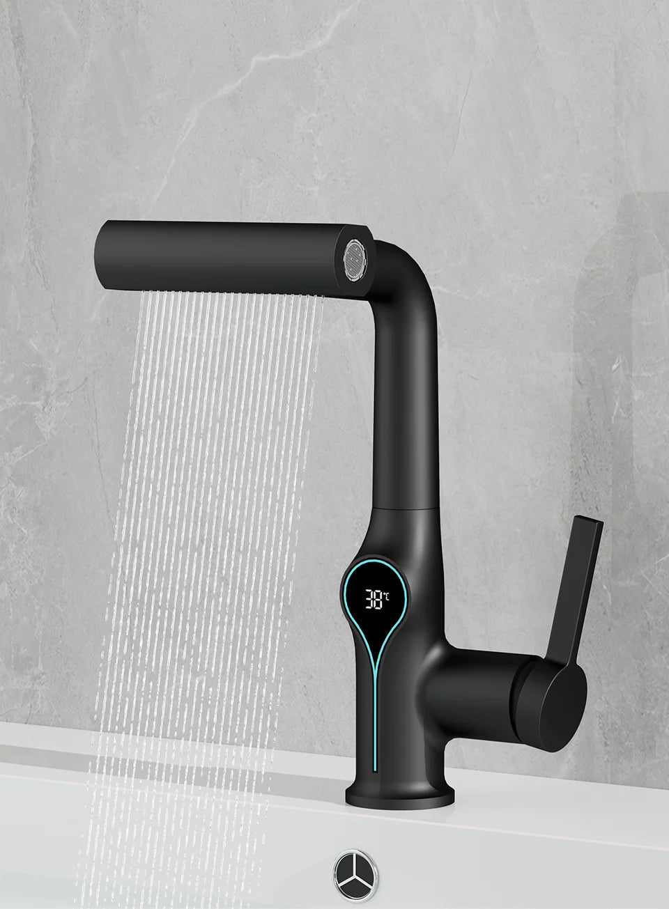 Robinet de lavabo numérique avec affichage de la température Cascade, pulvérisateur à jet relevable haut et bas, mélangeur chaud/froid pour salle de bain