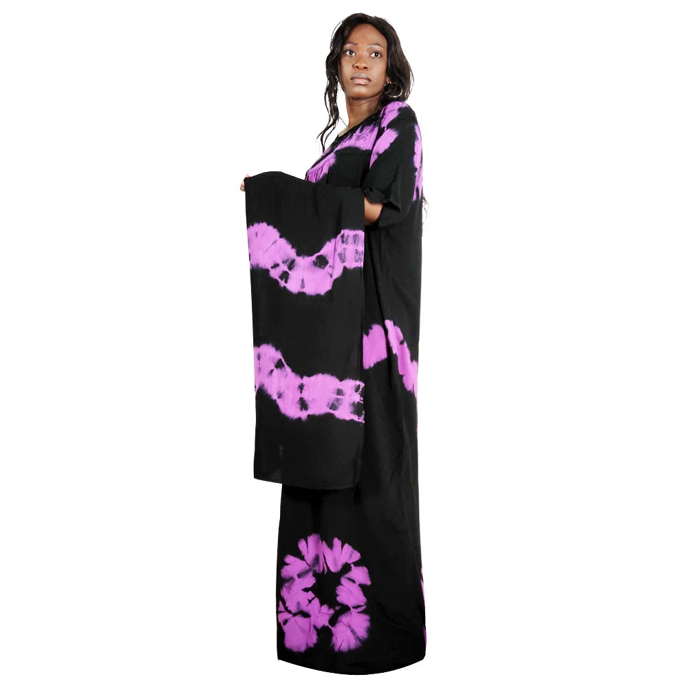 Nouvelle robe musulmane longue ample en pur coton tie-dye avec foulard, broderies scintillantes, respirante et confortable pour l'été 2025
