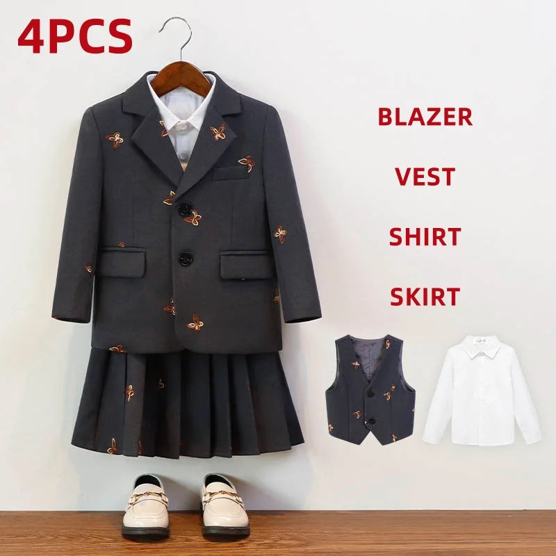Herbst Winter Kinder Festanzug Für Jungen Schmetterling Stickerei College Jungen Anzug Kinder Mädchen Moderationsauftritt Kleider