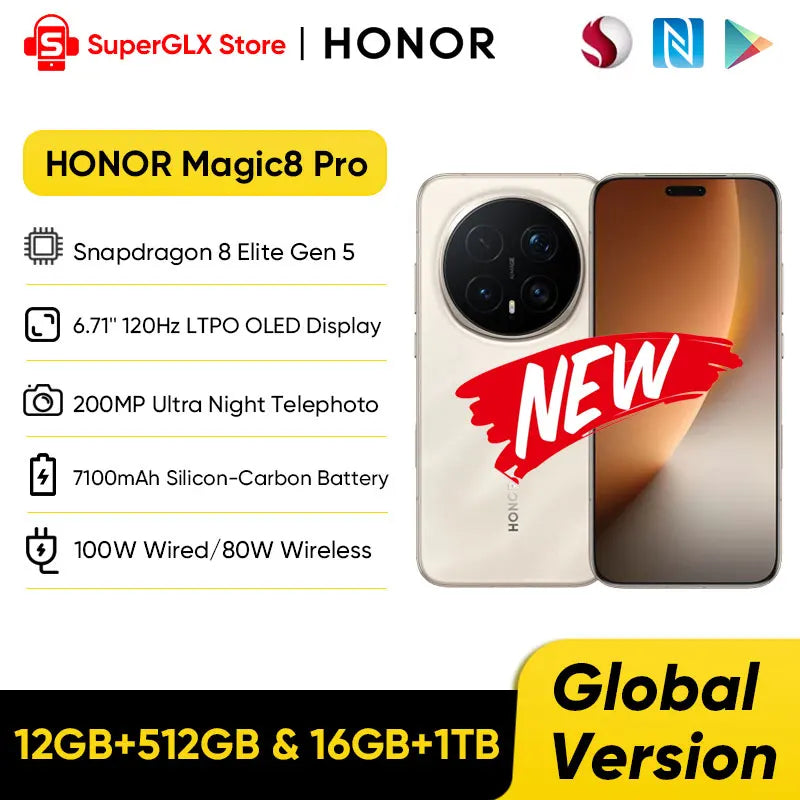Version globale HONOR Magic8 Pro Snapdragon 8 Elite Gen 5 Écran OLED 6,71'' 120Hz 7100mAh SuperCharge 100W Téléphones Magic 8 Pro