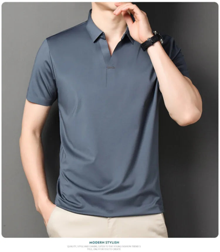 Polo 2024 de haute qualité, extensible et élastique, Chemise à manches courtes pour hommes, style décontracté, Col en V sans coutures, Polo pour hommes M-4XL