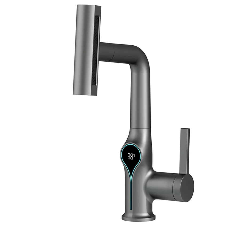 Robinet de lavabo numérique avec affichage de la température Cascade, pulvérisateur à jet relevable haut et bas, mélangeur chaud/froid pour salle de bain