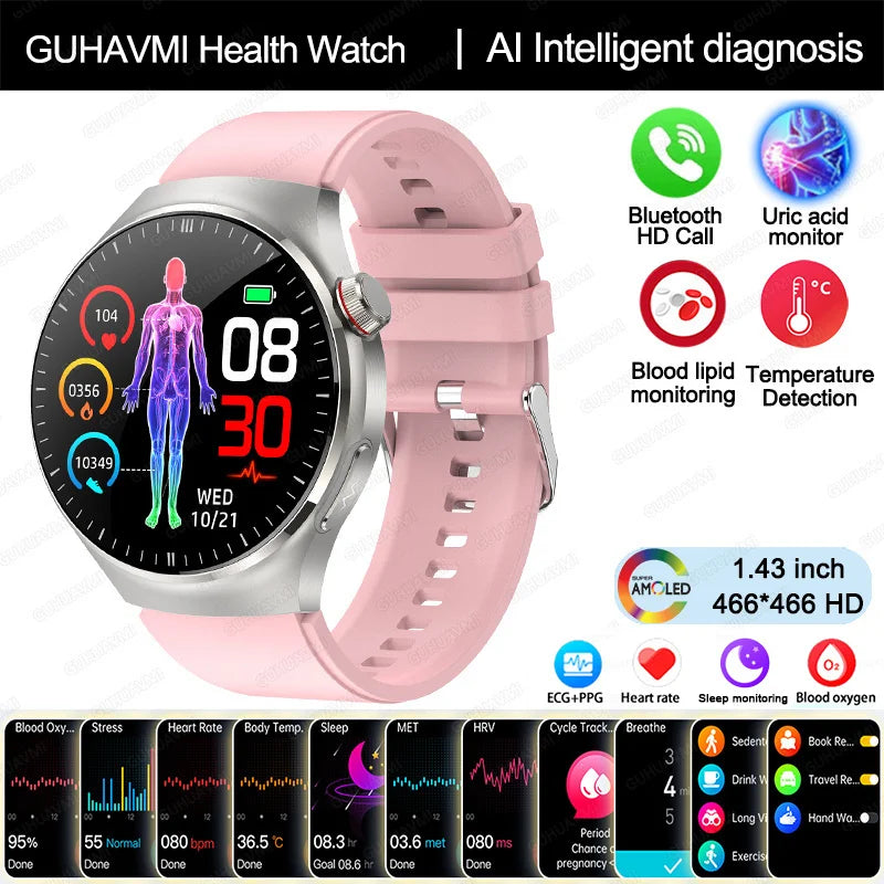 Montre Intelligente de Soins Infirmiers 2025 Montre connectée Santé, oxygène sanguin, lipides sanguins, acide urique, ECG+PPG, température corporelle, appel Bluetooth
