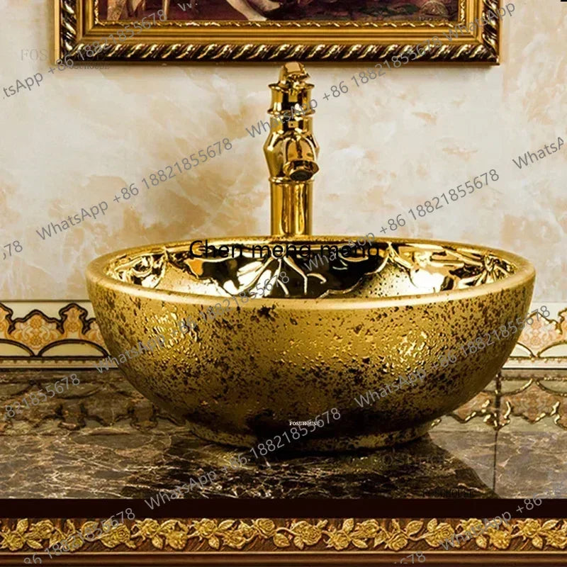 A17 Éviers de Salle de Bain de Luxe Dorés Céramique Maison Lavabo Créatif Toilettes Rondes Au-dessus du Comptoir Simple Salle de Bain Accesoire