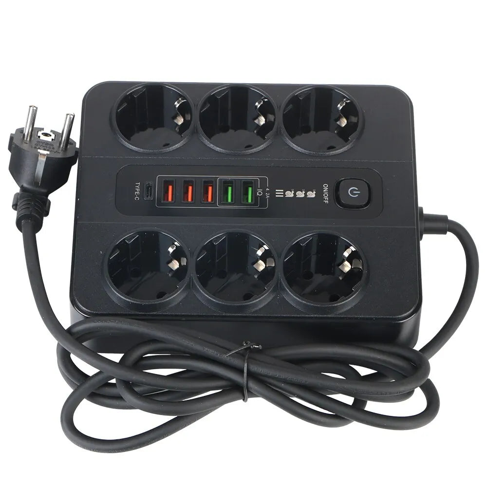 Extension Socket With Safety Switch Power Strip For Office Home EU Plug 3000W 2M Cable Overload Protection USB Type C Ports