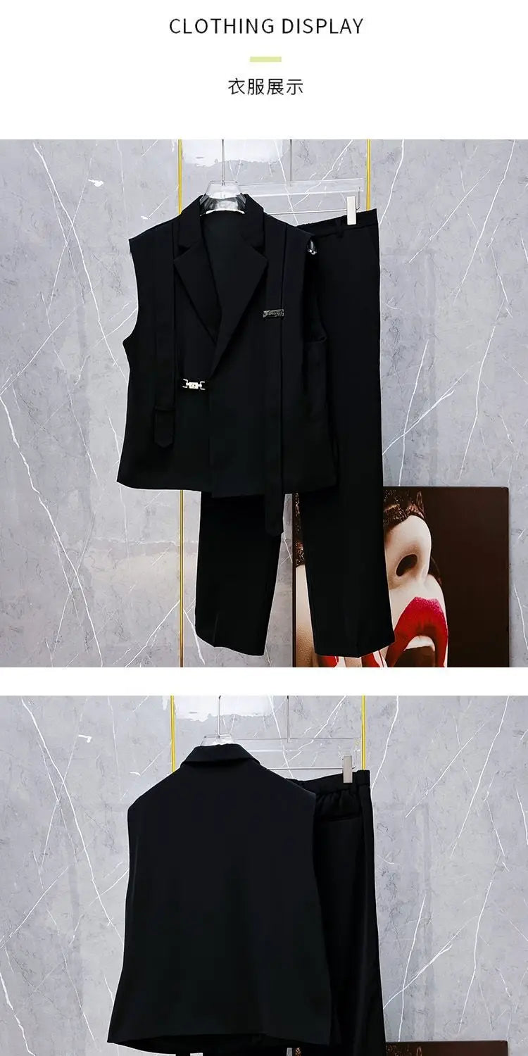 Hose Weste 2-teiliges lockeres Anzugset Büro Business Casual Schwarz Schön Geteilte Träger Herren Oberbekleidung Koreanische Kleidung Metallknopf