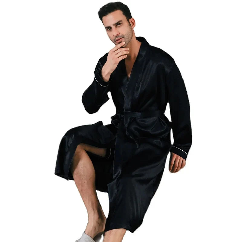 Pyjama homme printemps et automne, style soie fine, grande taille, pyjama à manches longues, peignoir en soie glacée, vêtements d'intérieur été