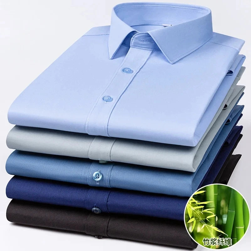Chemise de Travail Blanche Homme en Fibre de Bambou Bleue 8XL Manches Longues Bureau Affaires Anti-rides Infroissable Décontractée