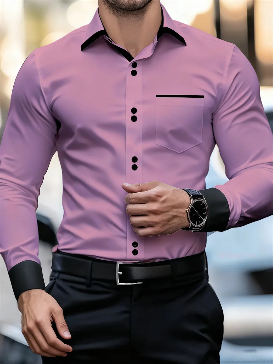 Chemise à manches longues et col color block pour hommes, coupe slim, infroissable, chemise patchwork noire et blanche, haut de mode pour hommes
