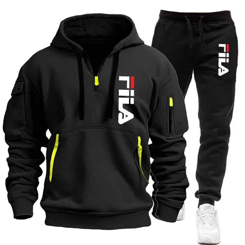 Herbst und Winter heiß begehrtes Herren-Kapuzensweatshirt + Freizeithose, zweiteiliges Outdoor-Set mit mehreren Taschen und Sporthose