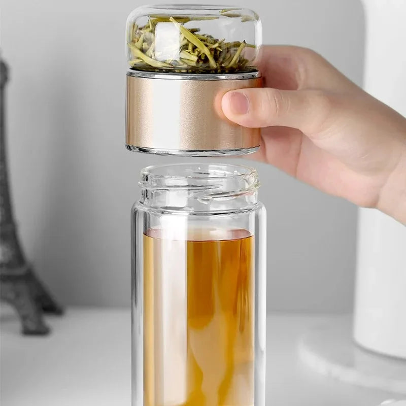 Bouteille d'eau à thé 420 ml en verre borosilicate double paroi avec infuseur pour thé, tasse à thé, gobelet, boisson avec filtre à thé
