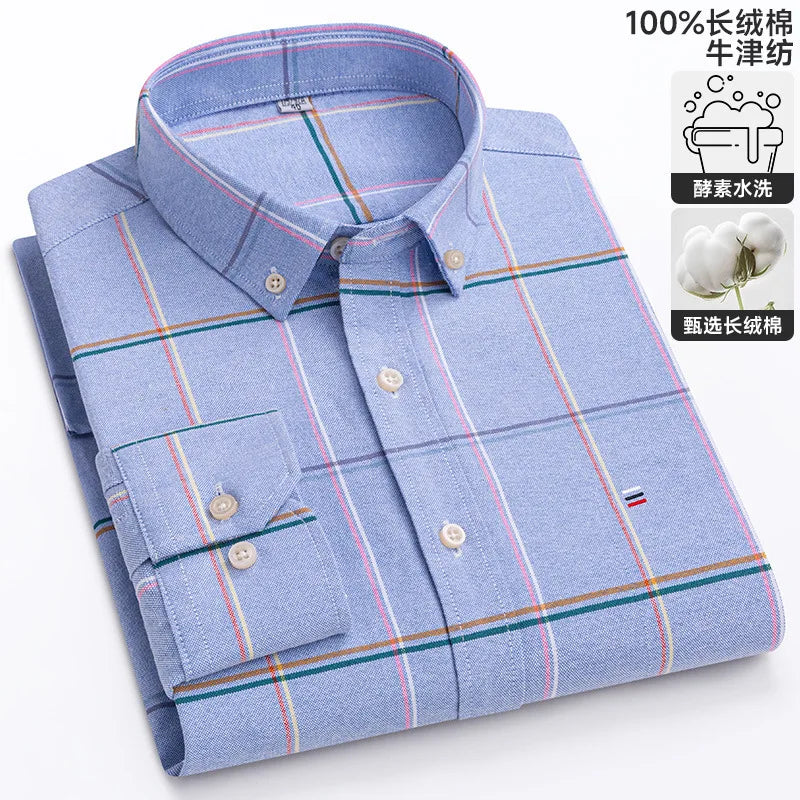 100-220 catties Plus Size Men's Shirt 100% Cotton Long Sleeve Business Casual All Oxford Spinning Plus Size Plaid Shirt
