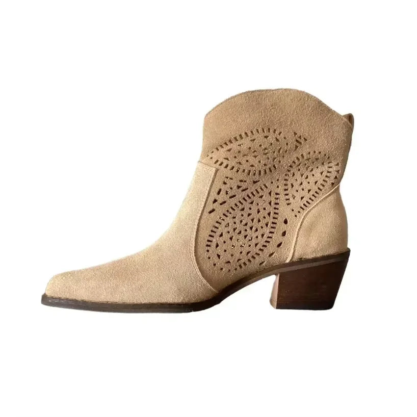 Bottes Chelsea pour femme en suède de vache à bout pointu et talon épais, bottines cousues, chaussures d'hiver, bottes western pour femme, printemps automne