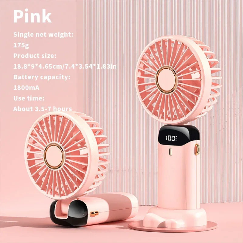 Mini ventilateur portable 3000 mAh pliable, à poser sur un bureau, à suspendre autour du cou, 5 vitesses, rechargeable par USB, support de téléphone, écran d'affichage