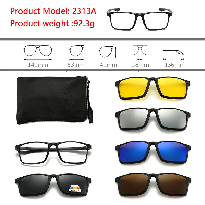 6 In 1 Polarized Sunglasses Men Women Magnetic Clip On Glasses TR90 Optical Prescription Eyeglass Frames Magnet Clips