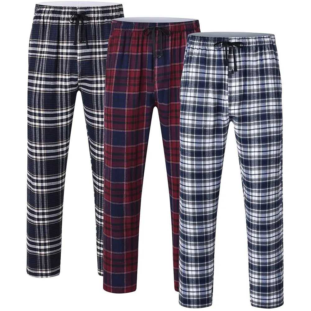 Pyjama Homme 3 Pièces Coton Carreaux, Pantalon de Pyjama Long Carreaux avec Taille Élastique pour Homme