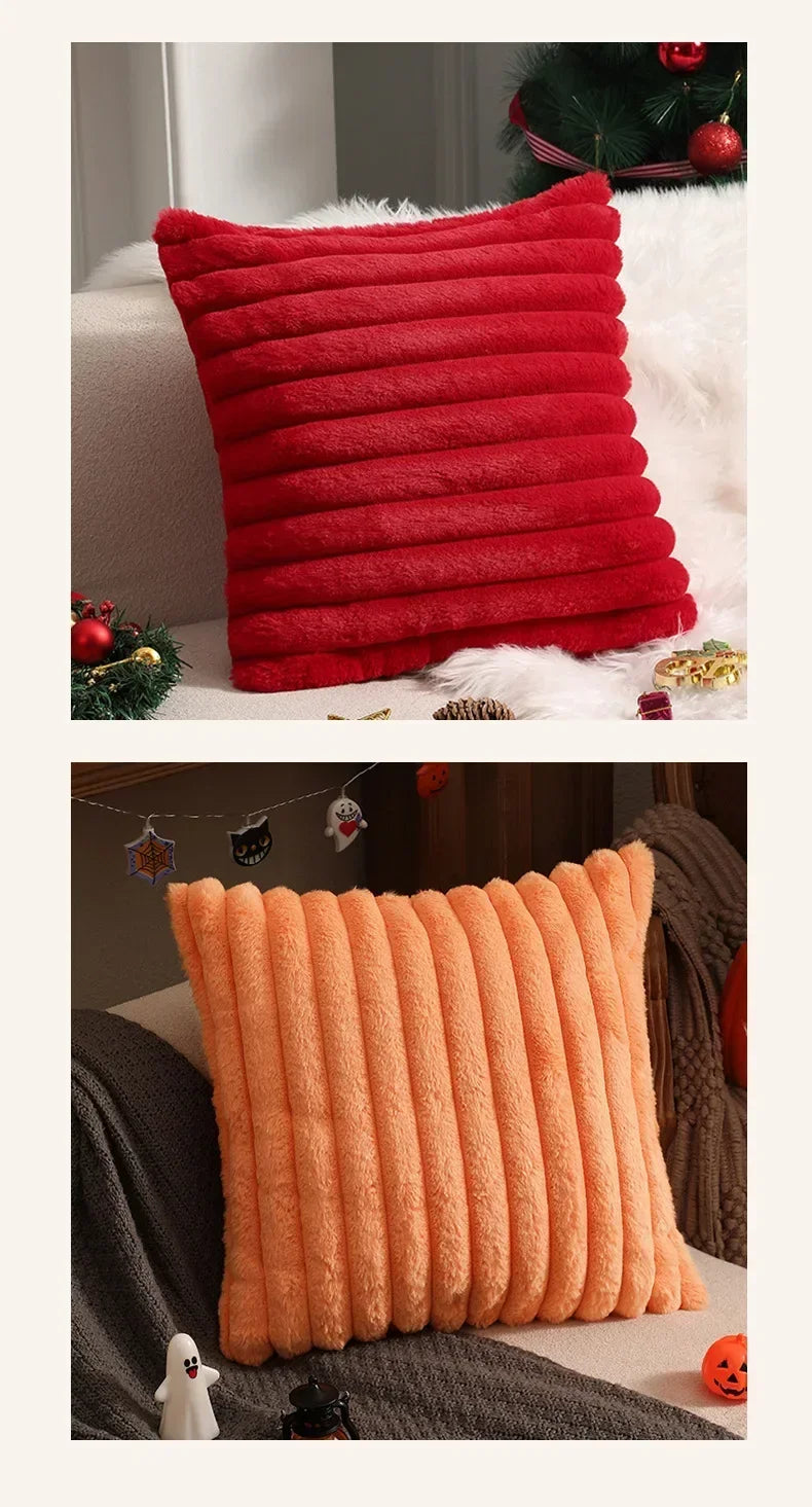 Housse de coussin en fausse fourrure de lapin, housse de coussin moelleuse et douce à rayures, oreillers décoratifs, décoration de luxe pour canapé