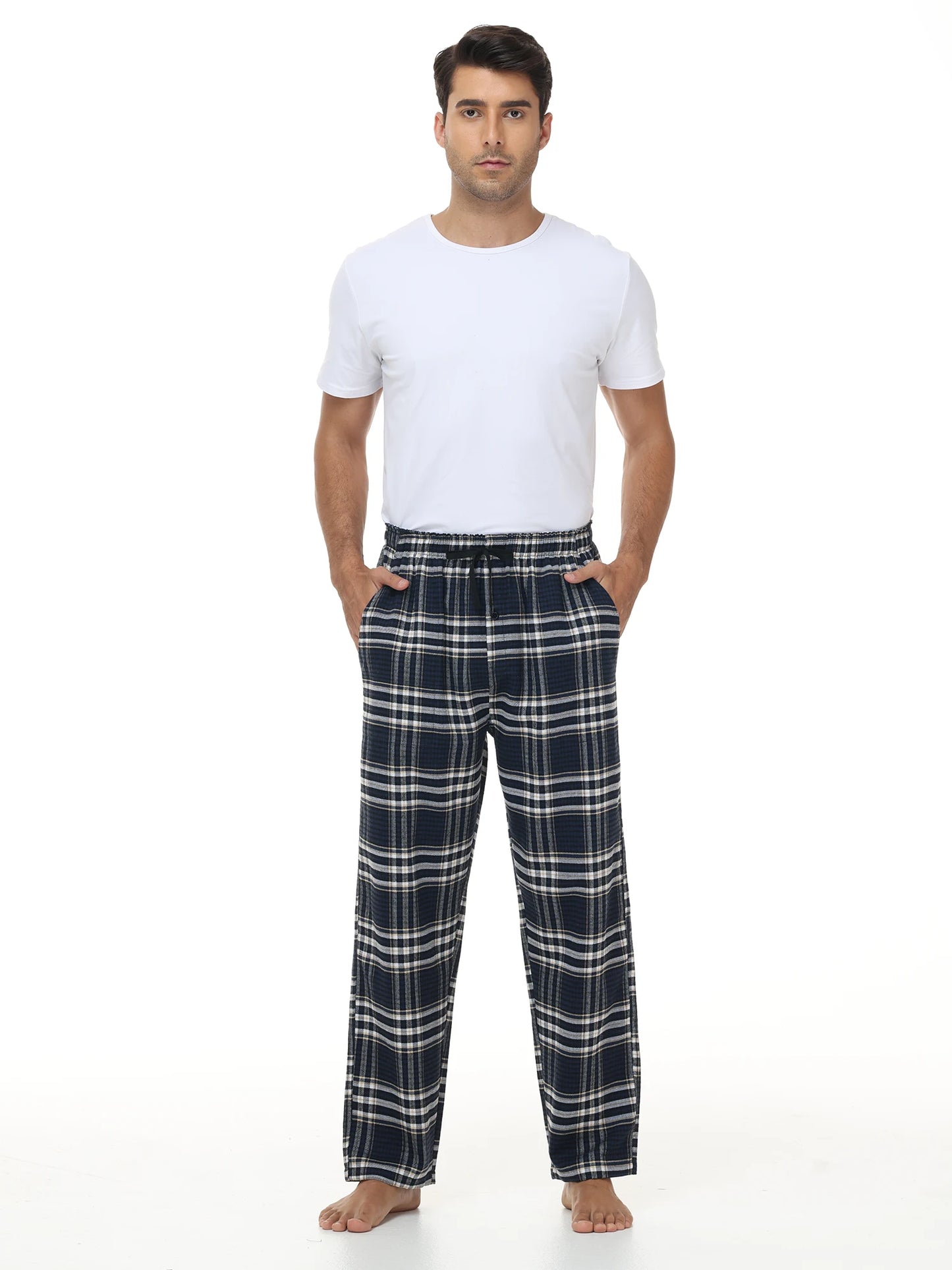 Pyjama Homme 3 Pièces Coton Carreaux, Pantalon de Pyjama Long Carreaux avec Taille Élastique pour Homme