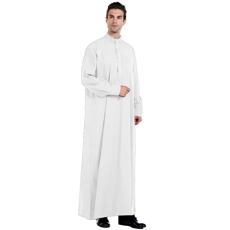 2026 Muslim Clothing Men Jubba Thobe Solid Long Sleeve Kaftan Stand Collar Casual Robe Moroccan Dishdasha Thawb Islamic Clothing