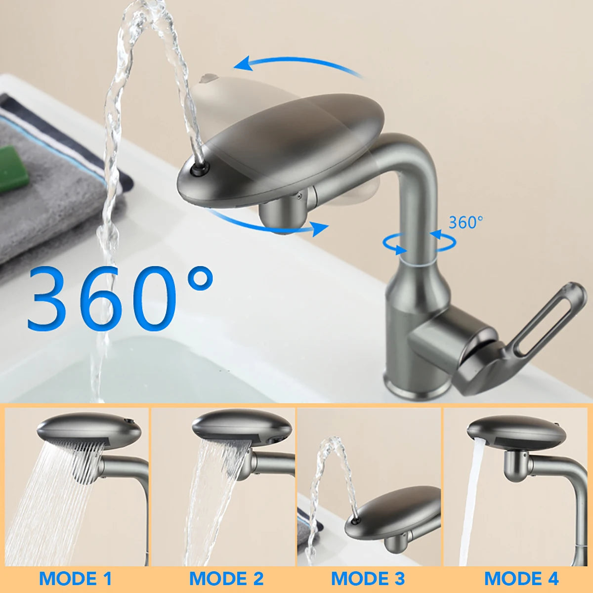 Multifunktionaler Wasserfall-Waschtischarmatur mit 4 Wasserauslassmodi, Sprüharmatur 360° drehbar, Warm-Kaltwasser-Spültischarmatur für das Badezimmer