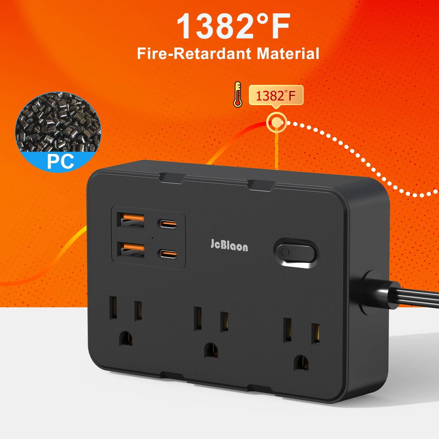 Ultraflaches Flachstecker-Verlängerungskabel mit 4 USB-Anschlüssen (2 USB C), 1,5 m Überspannungsschutz-Steckdosenleiste, 6 weit auseinander liegende Steckdosen