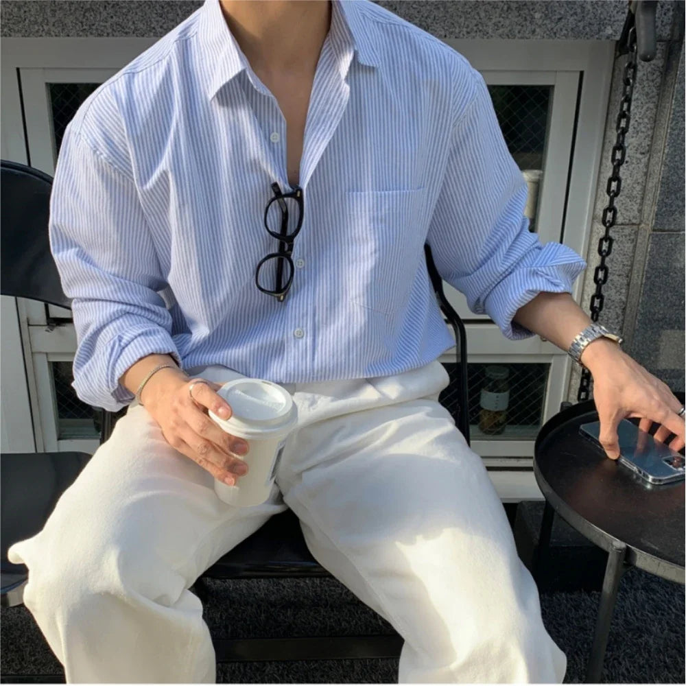 Chemise surdimensionnée rayée pour hommes, T-shirt à manches longues assorti pour le printemps et l'automne, Manteau de chemise coréen décontracté unisexe d'extérieur