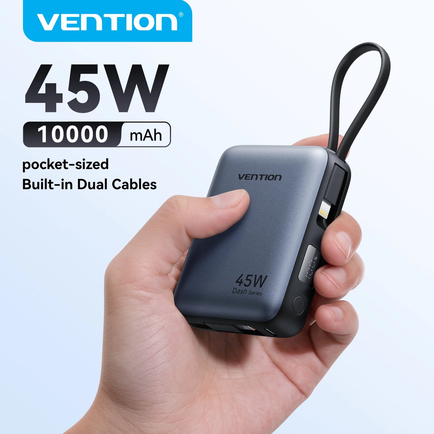 Vention 45W 10000mAh Powerbank mit integriertem USB-C- und Lightning-Kabel, tragbare Powerbank für iPhone 17 16 Samsung S26 S25 Xiaomi Poco