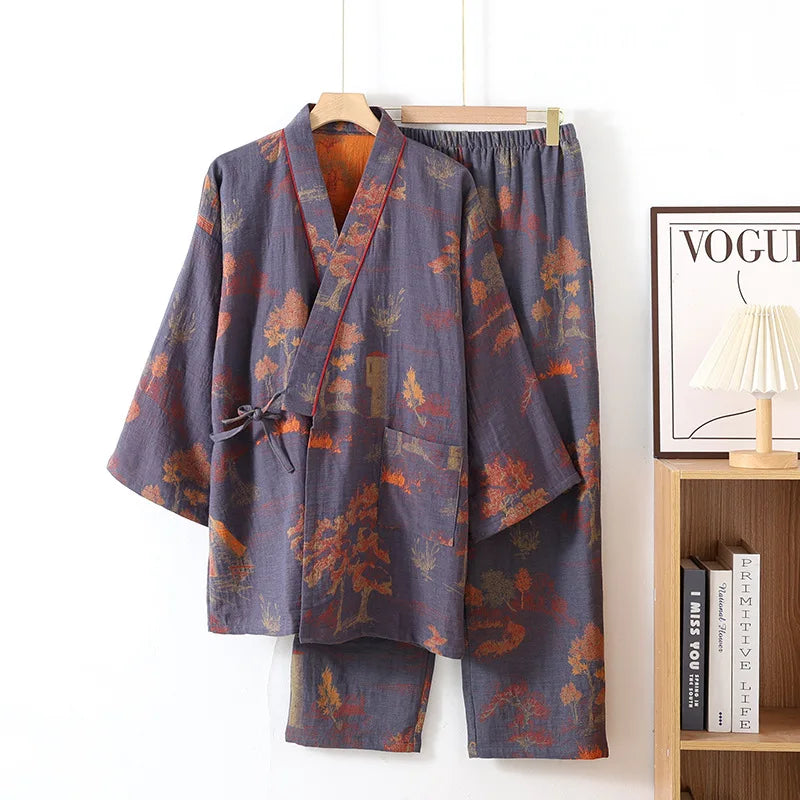 Autumn Kimono Men's Spring Robes with Long Pants Pajamas Set Home Clothes Cotton Loose Pijama Masculino Clothes