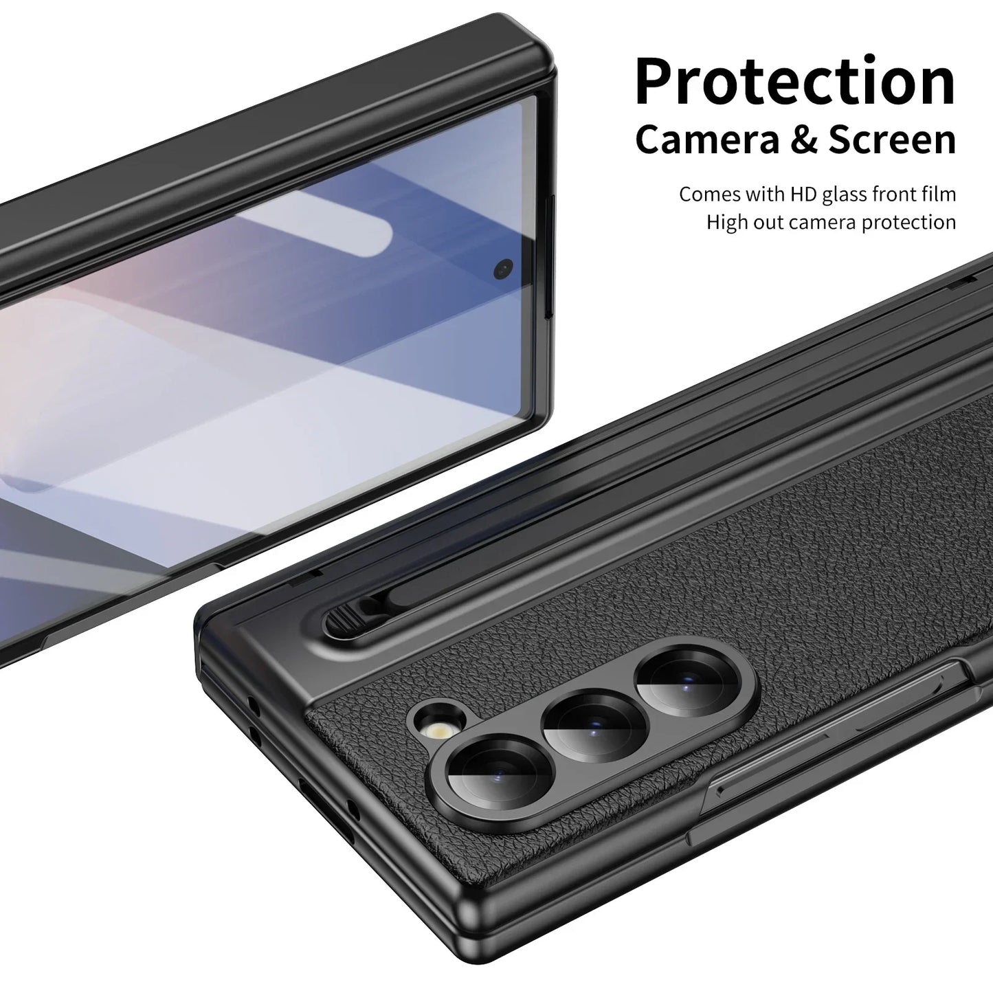Leder mit Stahlfilm Stifthalter Handyhülle für Samsung Galaxy Z Fold 7 6 5 4 Fold7 Fold6 Scharnierschutz Stoßfeste Hülle