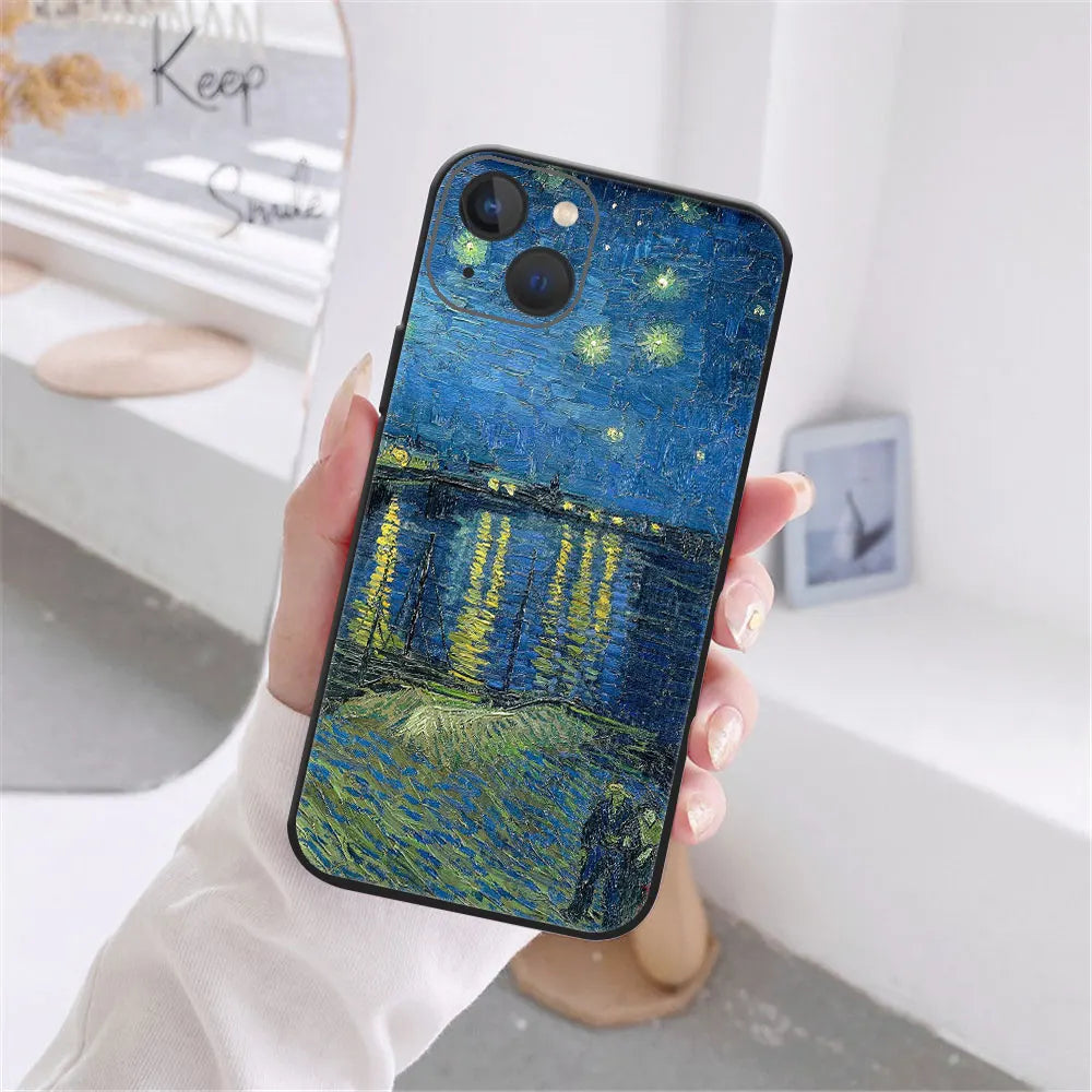 Art Van Gogh Sternenklare Sonnenblume Handyhülle für iPhone 11 12 13 14 15 16 17 Pro Max 17AIR 14 15 16 Plus Schwarze Weiche Silikonhülle