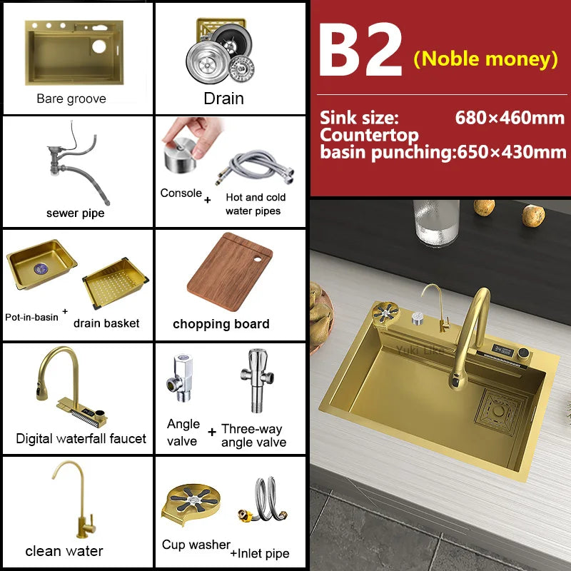 Goldfarbene Edelstahl-Küchenspüle mit Wasserfallauslauf, großes Einzelbecken, Digitalanzeige, Spül- und Gemüsebecken