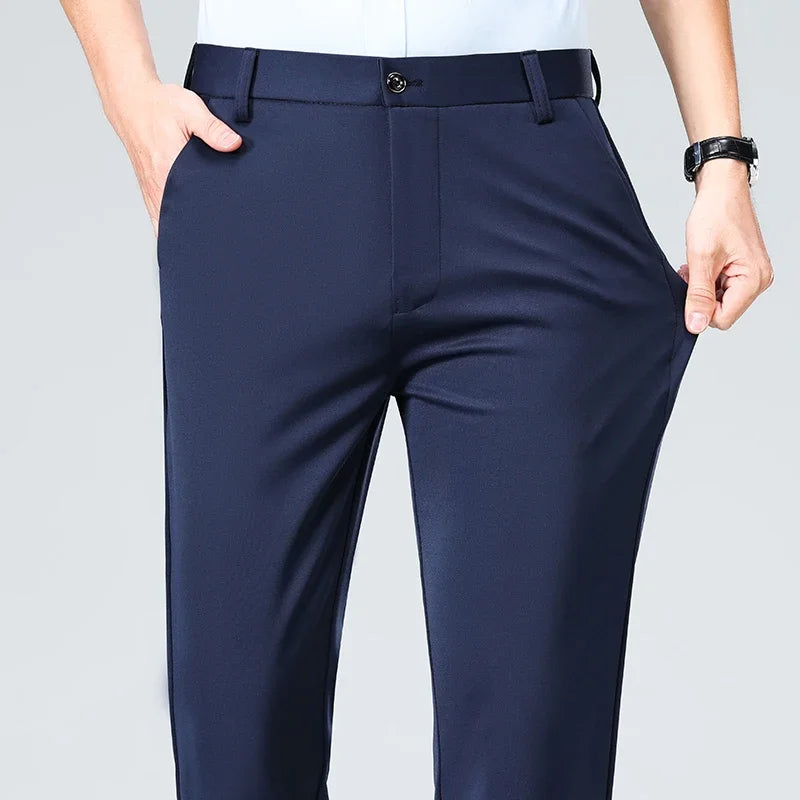 Pantalon Homme Printemps Été Coupe Droite Fin Costume de Ville Habillé Travail Décontracté Business Noir Rouge Vin Pantalon Long