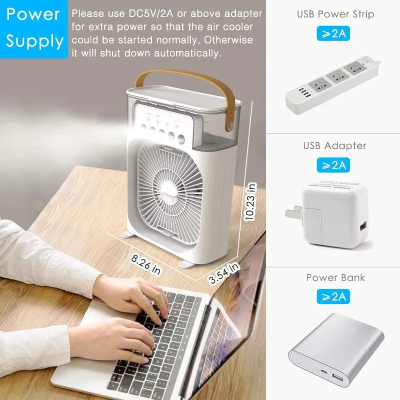 Ventilateur de refroidissement portable 3 en 1 avec humidificateur de climatiseur USB Mini et veilleuse, adapté à un usage domestique et de bureau