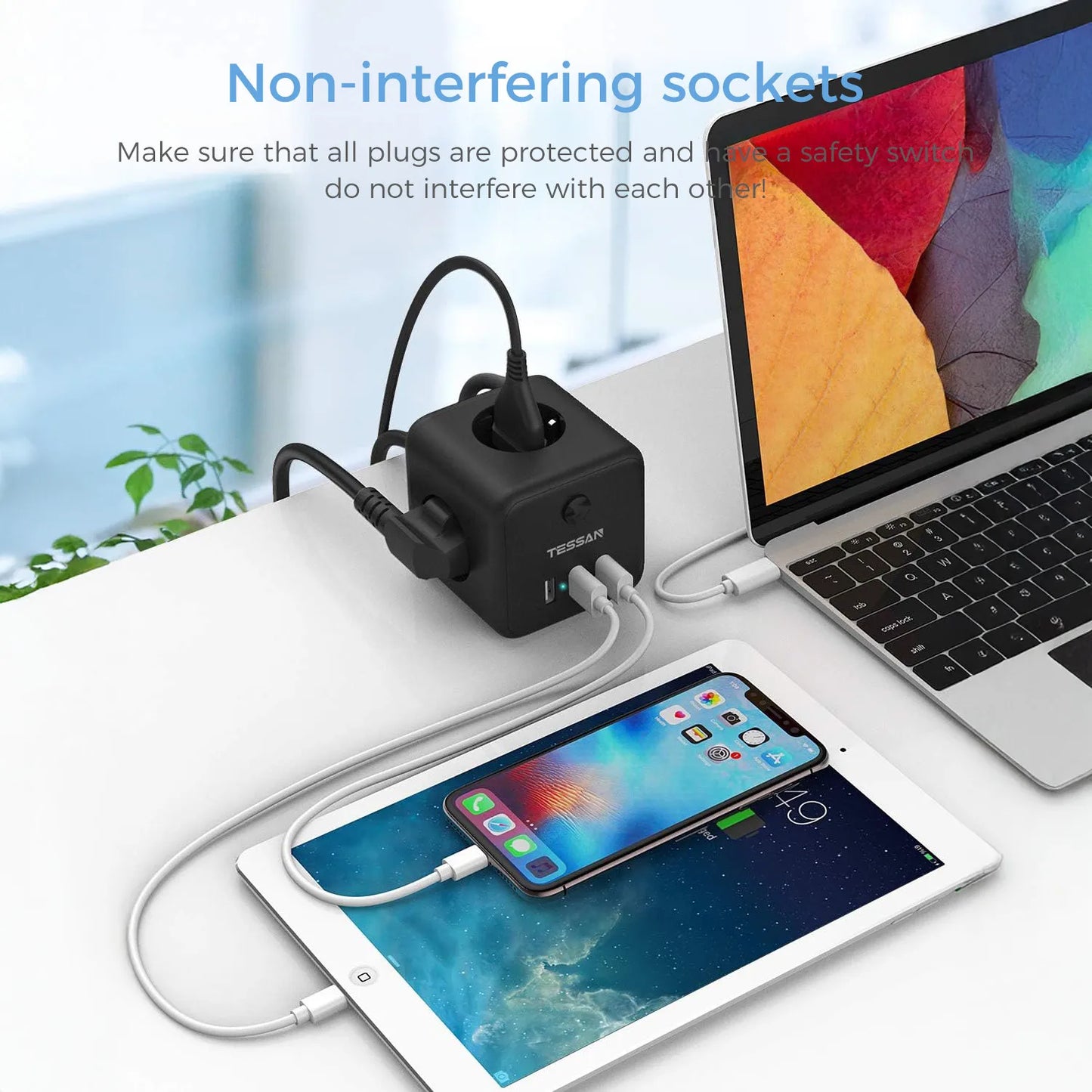 TESSAN Cube Table Power Strip Extender with 3 Outlets 3 USB Ports 1.5M Extension Cord EU KR Plug Tee Socket Adapter with Switch