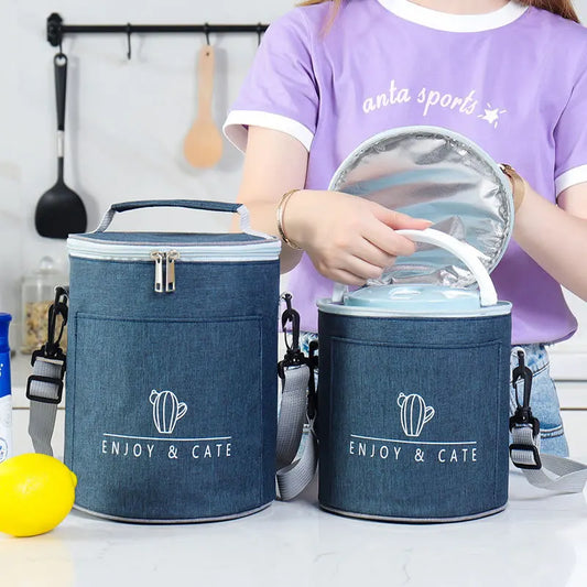 Large round Thermal Lunch Box Bag Thickened Aluminum Foil Insulated Bento Bag with Rice Bucket Warmth Bag Meal Pouch Oxford C...