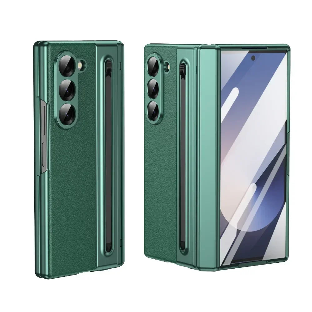 Leder mit Stahlfilm Stifthalter Handyhülle für Samsung Galaxy Z Fold 7 6 5 4 Fold7 Fold6 Scharnierschutz Stoßfeste Hülle