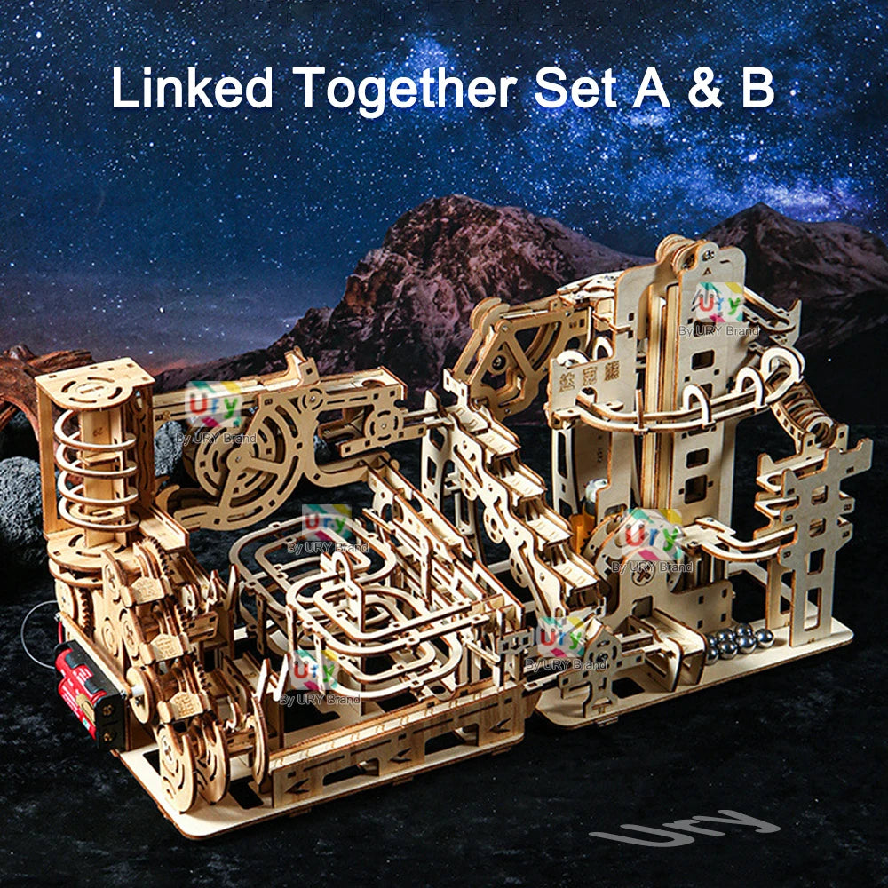 Ury 3D Wooden Puzzles Marble Electric Catapult Track Device Set Mechanical Model Science Maze 7 Balls Assembly Toy for Kids Gift