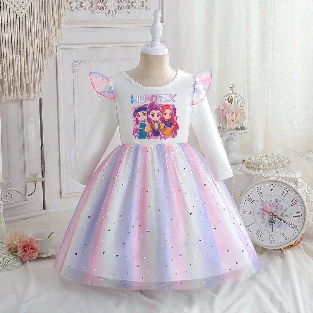 Kpop Demon Hunters Vêtements Enfants Robe de Princesse Manches Longues Printemps Robe Bébé Filles pour Fête d'Anniversaire Arc-en-ciel 2-8 Ans